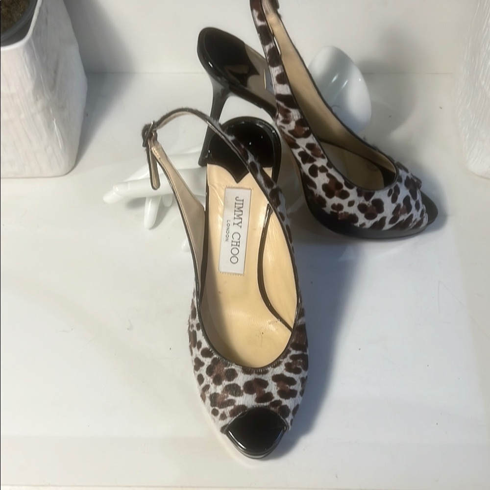 Jimmy Choo Black and Brown Animal Print Slingback Heels